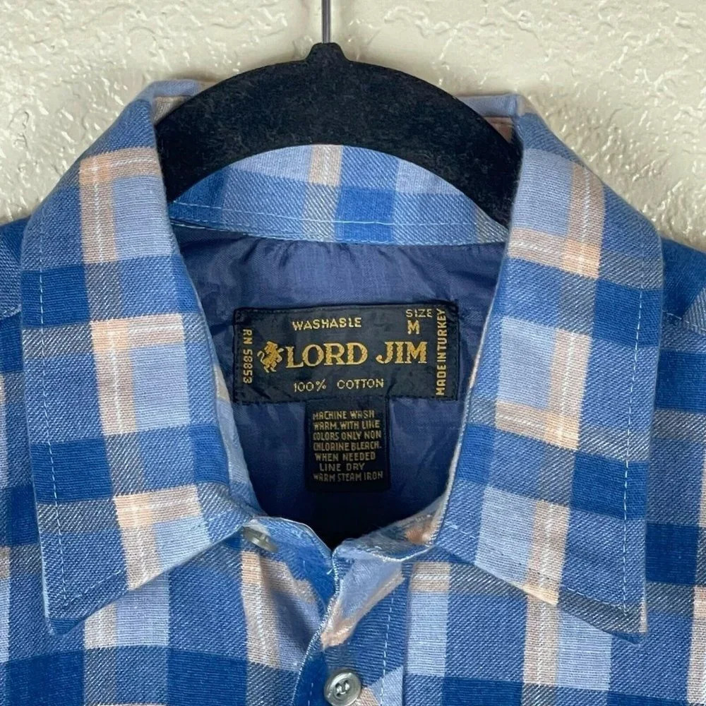 LORD JIM Button Up Shirt Men's Sz M Long Sleeve Point Collared Pocket Plaid Blue - Picture 8 of 8